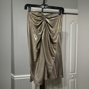 Champagne Gold Metallic Ruched Front Midi Skirt